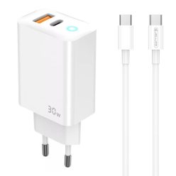   Kétportos 30W USB-C és USB-A hálózati töltő adapter, PD gyorstöltő, QC3.0 gyorstöltő + 1M USB-C - USB-C kábel